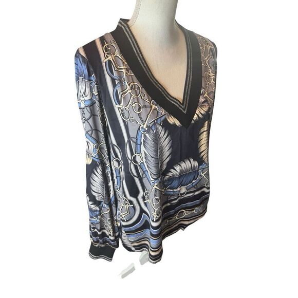 Hale Bob Multi Color Feather V-Neck Blouse Designer Sz Large - Picture 2 of 5